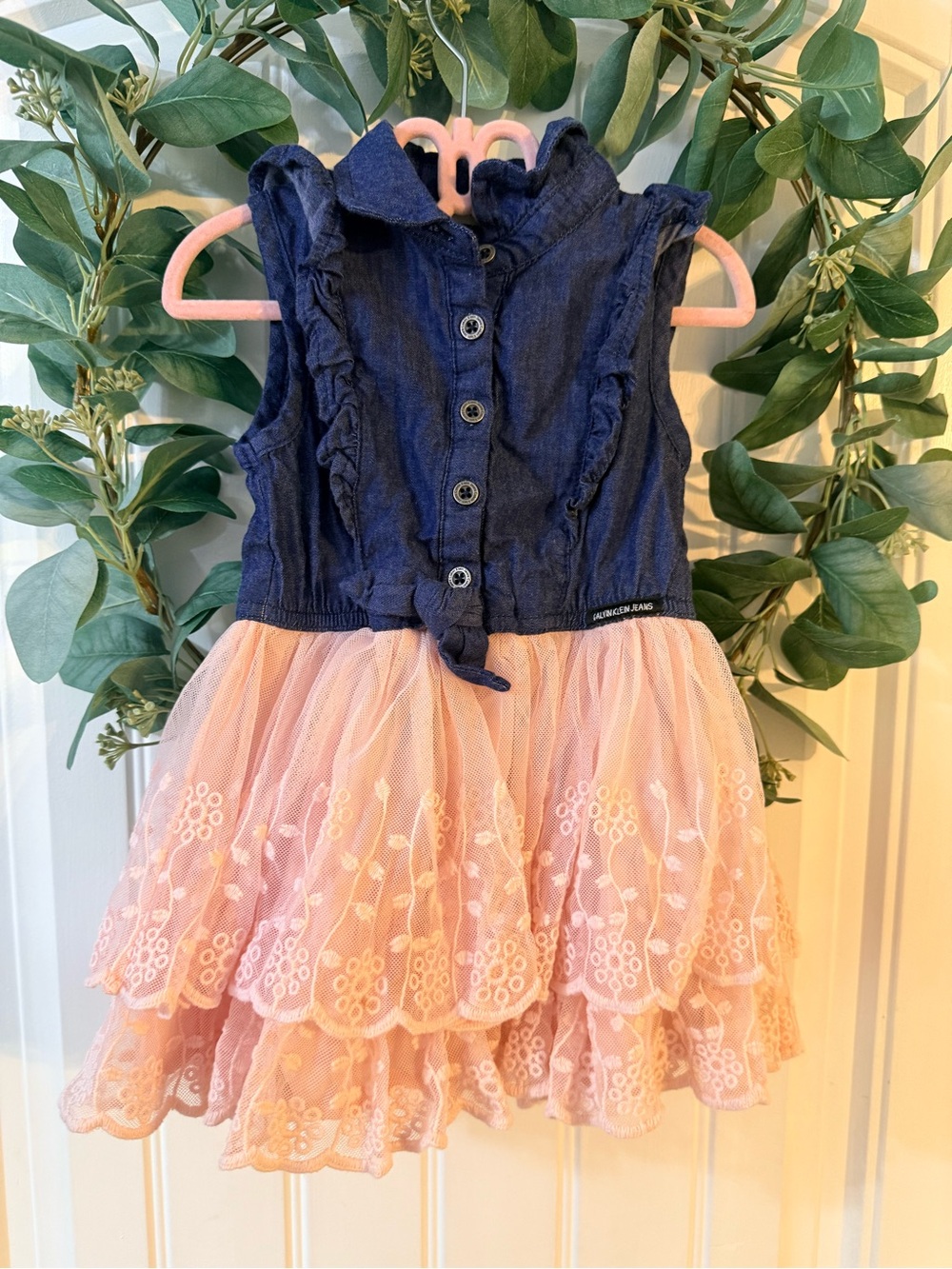 💫4/$25 • Calvin Klein Jeans Denim-Top Pink Lace Skirt Dress